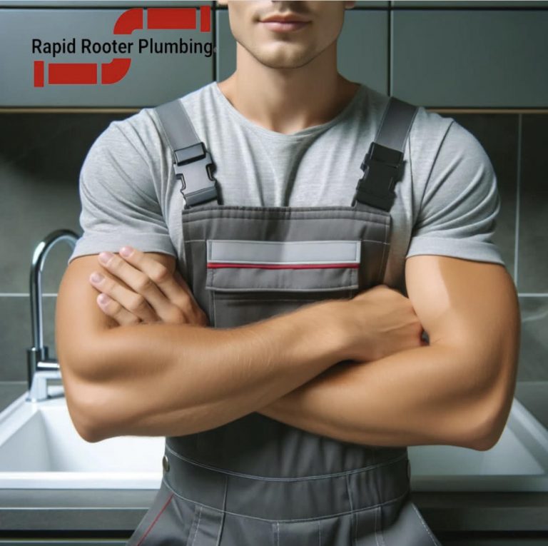 Picture of a plumber with his arms crossed while he stands in front of the sink.